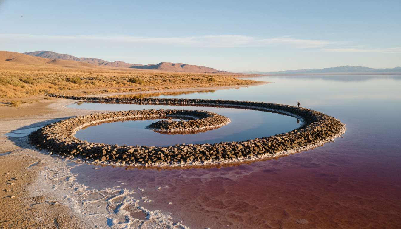 découvrez spiral jetty, chef-d’œuvre emblématique du land art créé par robert smithson, une spirale spectaculaire façonnée dans le paysage naturel.